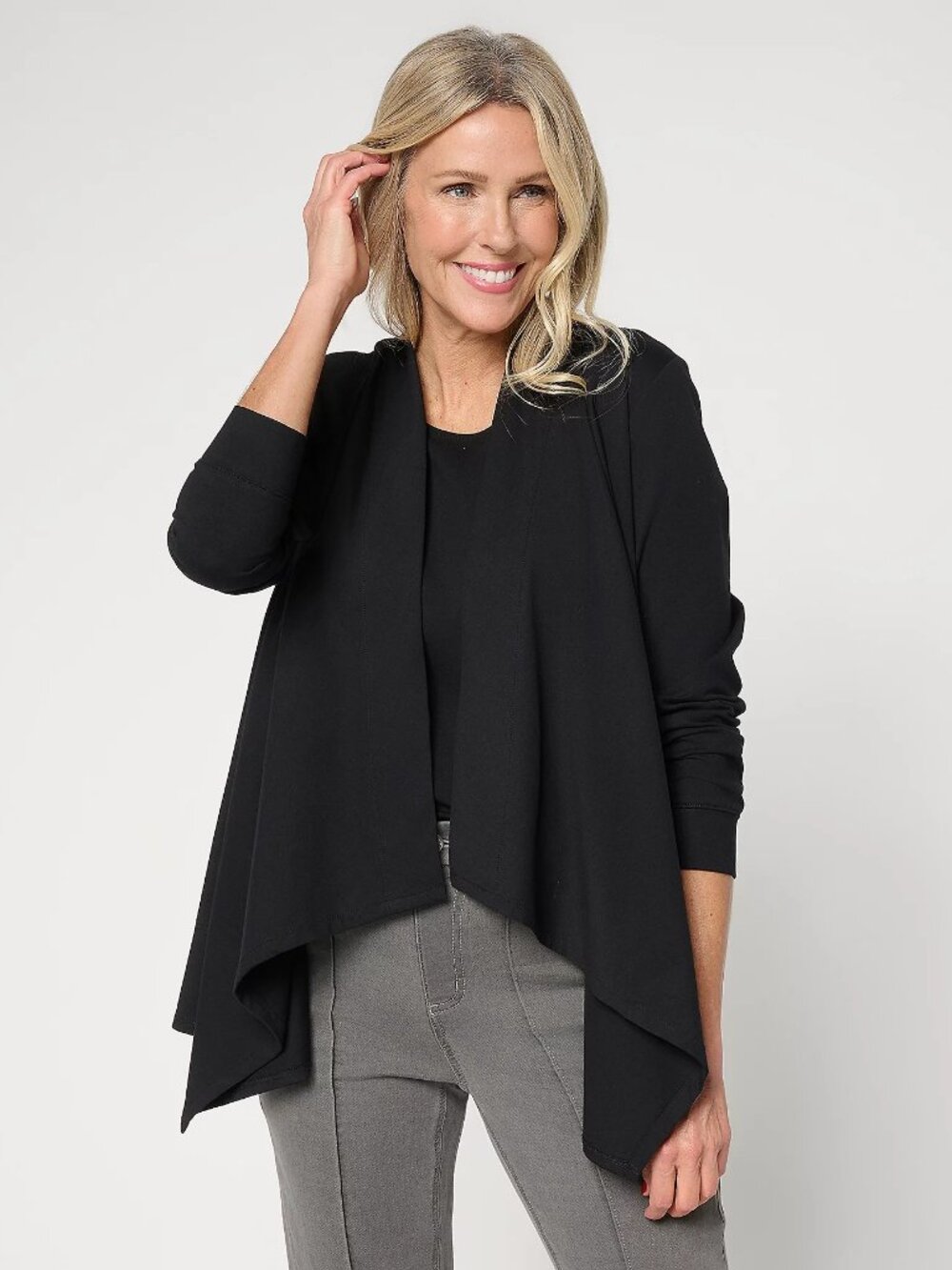 Denim & Co. Essentials Regular Perfect Jersey Draped Cardigan, Blk Sz S a715788